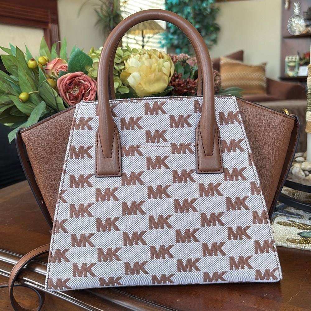 Brand New Michael Kors Avril Luggage Top Zip Satchel Logo Jacquard Crossbody - Picture 3 of 15